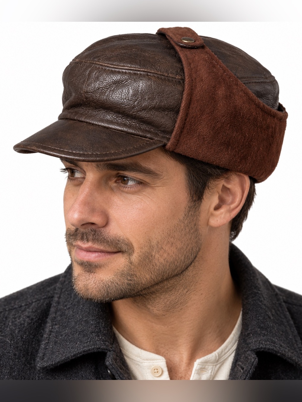 Vintage Brown Leather Trapper Hat Ear Flap Aviator Winter Cap